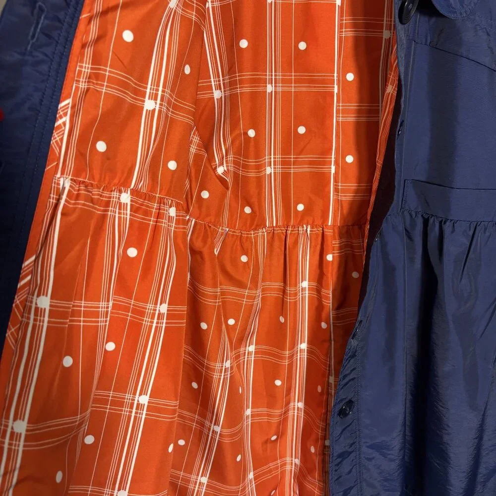 Tulle Navy Blue Coat With Orange Plaid Lining XL Lightweight 3/4 Sleeves Button - Picture 9 of 11